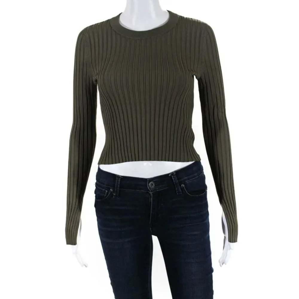 Intermix Womens Ribbed Crew Neck Sweater Green Size Petite